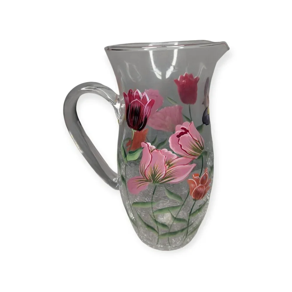 Vintage Fifth Avenue Crystal Hand Painted Floral Crackle Glass Drinking Pitcher